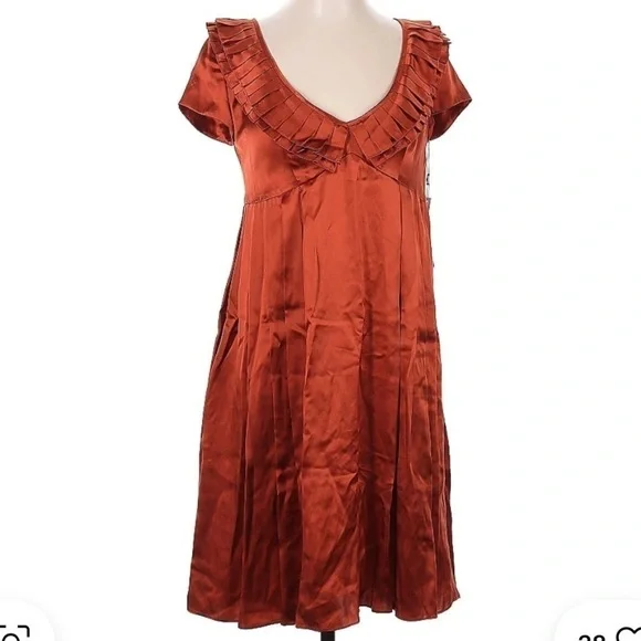 Susana Monaco Orange Shiny Pleated Collart Short Sleeve Zip Dress Small - Picture 1 of 5